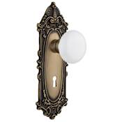 Nostalgic Warehouse White Porcelain Solid Brass Passage Door Knob Set with Victorian Rose, Keyhole and 2-3/8" Backset Antique Brass