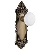 Nostalgic Warehouse White Porcelain Solid Brass Passage Door Knob Set with Victorian Rose and 2-3/8" Backset Antique Brass