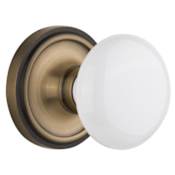 Nostalgic Warehouse Vintage White Porcelain Passage Door Knob Set with Solid Brass Classic Rose Plate and 2-3/8" Backset Antique Brass
