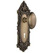 Nostalgic Warehouse Homestead Solid Brass Passage Door Knob Set with Victorian Rose, Keyhole and 2-3/8" Backset Antique Brass