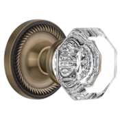 Nostalgic Warehouse Waldorf Vintage Restoration Lead Crystal Privacy Door Knob Set with Solid Brass Rope Rose and 2-3/8" Backset Antique Brass