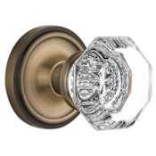 Nostalgic Warehouse Vintage Luxe Waldorf Lead Crystal Octagon Privacy Door Knob Set with Solid Brass Classic Rose Plate and 2-3/8" Backset Antique Brass