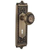 Nostalgic Warehouse Meadows Vintage Victorian Solid Brass Passage Door Knob Set with Egg and Dart Rose, Keyhole and 2-3/8" Backset Antique Brass