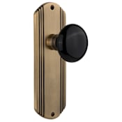 Nostalgic Warehouse Vintage Black Porcelain Passage Door Knob Set with Solid Brass Art Deco Plate and 2-3/4" Backset Antique Brass