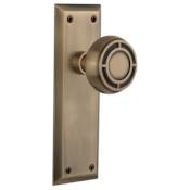 Nostalgic Warehouse Mission Solid Brass Passage Door Knob Set with New York Rose and 2-3/4" Backset Antique Brass