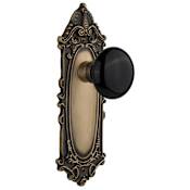Nostalgic Warehouse Black Porcelain Solid Brass Privacy Door Knob Set with Victorian Rose and 2-3/8" Backset Antique Brass