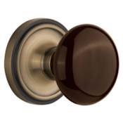 Nostalgic Warehouse Brown Porcelain Dummy Door Knob Set with Solid Brass Classic Rose Plate Antique Brass