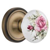 Nostalgic Warehouse Vintage Porcelain Painted Rose Passage Door Knob Set with Solid Brass Classic Rose Plate and 2-3/8" Backset Antique Brass