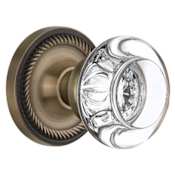Nostalgic Warehouse Round Clear Crystal Solid Brass Privacy Door Knob Set with Rope Rose and 2-3/8" Backset Antique Brass
