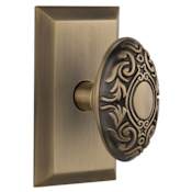 Nostalgic Warehouse Victorian Solid Brass Privacy Door Knob Set with Studio Rose and 2-3/8" Backset Antique Brass