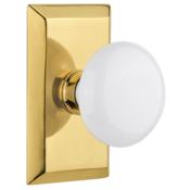 Nostalgic Warehouse White Porcelain Solid Brass Privacy Door Knob Set with Studio Rose and 2-3/8" Backset Polished Brass