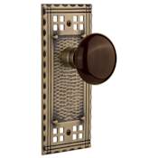 Nostalgic Warehouse Brown Porcelain Solid Brass Privacy Door Knob Set with Long Craftsman Plate and 2-3/4" Backset Antique Brass