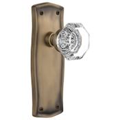 Nostalgic Warehouse Vintage Waldorf Gem Cut Crystal Privacy Door Knob Set with Solid Brass Prairie Backplate and 2-3/4" Backset Antique Brass