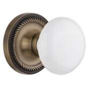 Nostalgic Warehouse White Porcelain Solid Brass Privacy Door Knob Set with Rope Rose and 2-3/4" Backset Antique Brass