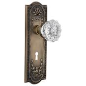 Nostalgic Warehouse Crystal Solid Brass Privacy Door Knob Set with Meadows Rose, Keyhole and 2-3/4" Backset Antique Brass