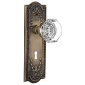 Nostalgic Warehouse Vintage Waldorf Gem Cut Octagon Crystal Privacy Door Knob Set with Solid Brass Meadows Rose, Keyhole and 2-3/4" Backset Antique Brass