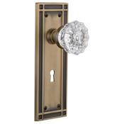 Nostalgic Warehouse Vintage Fluted Crystal Privacy Door Knob Set with Solid Brass Mission Style Back Plate, Keyhole and 2-3/4" Backset Antique Brass