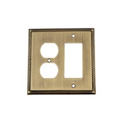 Nostalgic Warehouse Rope Antique Vintage 2 Gang Combination Wall Plate - 1 Single Rocker and 1 Duplex Outlet GFI Wall Cover Antique Brass