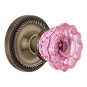 Nostalgic Warehouse Rope Solid Brass Rose Passage Door Knob Set with Pink Crystal Knob and 2-3/8" Backset Antique Brass