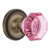 Nostalgic Warehouse Rope Solid Brass Rose Dummy Door Knob Set with Pink Waldorf Knob Antique Brass