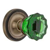 Nostalgic Warehouse Rope Solid Brass Rose Privacy Door Knob Set with Emerald Crystal Knob and 2-3/4" Backset Antique Brass