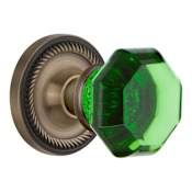 Nostalgic Warehouse Rope Solid Brass Rose Privacy Door Knob Set with Emerald Waldorf Knob and 2-3/4" Backset Antique Brass