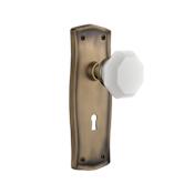 Nostalgic Warehouse Prairie Solid Brass Rose Passage Door Knob Set with White Milk Glass Waldorf Knob and Decorative Keyhole for 2-3/8" Backset Antique Brass
