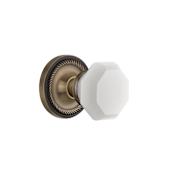 Nostalgic Warehouse Rope Solid Brass Rose Privacy Door Knob Set with White Milk Glass Waldorf Knob and 2-3/8" Backset Antique Brass