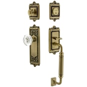 Nostalgic Warehouse Vintage Crystal Sectional Keyed Entry Door Handleset with Crystal Egg and Dart Interior Knob, C Handle Grip and 2-3/4" Backset Antique Brass
