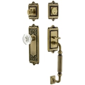 Nostalgic Warehouse Vintage Crystal Sectional Keyed Entry Door Handleset with Crystal Egg and Dart Interior Knob, F Handle Grip and 2-3/8" Backset Antique Brass