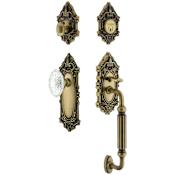 Nostalgic Warehouse Vintage Crystal Sectional Keyed Entry Door Handleset with Crystal Victorian Interior Knob, F Handle Grip and 2-3/4" Backset Antique Brass