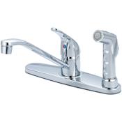 Olympia Faucets Elite 1.5 GPM Widespread Kitchen Faucet with 7-15/16" Reach D-Style Swivel Spout, 5-13/16" Brass Side Spray, and Lever Handle Polished Chrome
