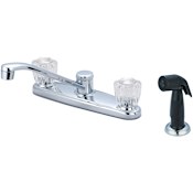 Olympia Faucets Elite 1.5 GPM Widespread Kitchen Faucet with 7-9/16" Reach D-Style Swivel Spout, 4-7/8" Plastic Side Spray, and Acrylic Knob Handles Polished Chrome