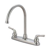 Olympia Faucets Accent 1.5 GPM Widespread Kitchen Faucet with 8-7/16" Reach Gooseneck Swivel Spout and Lever Handles Brushed Nickel