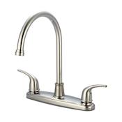 Olympia Faucets Accent 1.5 GPM Low Lead Widespread Kitchen Faucet with 8" Reach Gooseneck Swivel Spout and Lever Handles Brushed Nickel
