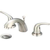 Olympia Faucets Accent 1.5 GPM Widespread Bathroom Faucet with C Style Spout and Brass Pop-Up Drain Assembly Brushed Nickel