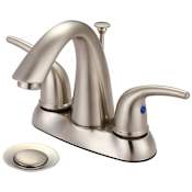 Olympia Faucets Accent 1.2 GPM Centerset Bathroom Faucet with J Style Rigid Spout and Brass Pop-Up Drain Assembly Brushed Nickel