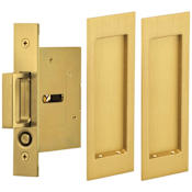 Omnia Solid Brass Passage Pocket Door Lock with Modern Rectangular Trim and Mortise Flush Pulls Lacquered Satin Brass
