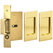 Omnia Solid Brass Passage Inset Flush Pocket Door Set with Modern Rectangular Trim Lacquered Polished Brass