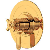 Perrin and Rowe Armstrong Two Independent and One Shared Function Thermostatic Valve Trim Only with Single Cross Handle and Integrated Diverter - Less Rough In English Gold