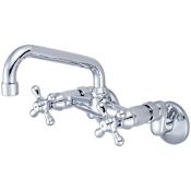 Pioneer Faucets Premium 1.5 GPM Wall Mounted Kitchen Faucet with 10-1/2" Reach Tubular Spout, Cross Handles, and Eccentric Connections Polished Chrome