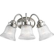 Progress Lighting Economy Fluted Glass Series Three-Light Bathroom Fixture with Clear Ribbed Glass Shades Brushed Nickel