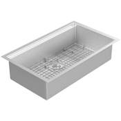 Pulse Santa Cruz Sinks 32" Drop In or Undermount Single Basin Stainless Steel Kitchen Sink with Basin Rack and Basket Strainer Brushed Stainless Steel