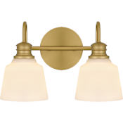 Quoizel Hinton 2 Light 14" Wide Bathroom Vanity Light with Etched Opal Shades Aged Brass