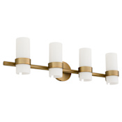 Quorum International Sojourn 4 Light 33" Wide Vanity Light with Ribbed, Milky Glass Shades Brushed Brass