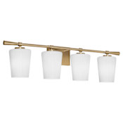 Quorum International Goodwin 4 Light 25" Wide Vanity Light with Opal Shades Aged Brass