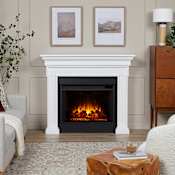 Real Flame Emerson 5000BTU / 1500W 56 Inch Wide Free Standing Vent-Free Electric Mantel Fireplace with Remote Control Rustic White