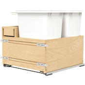 Rev-A-Shelf Wood Classics 21"W Bottom Mount Pull Out Double 35 Qt / 8.75 Gallon Trash Can System with Soft Close and OXO Bonus Storage Container Maple
