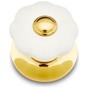 RK International Porcelain 1-1/4" Classic Flower Floral Mushroom Cabinet / Drawer / Furniture Knob with Backplate Polished Brass / White