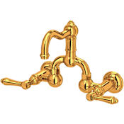 Rohl Acqui 1.2 GPM Wall Mounted Widespread Bridge Bathroom Faucet with Pop-Up Drain Assembly and Metal Lever Handles Italian Brass